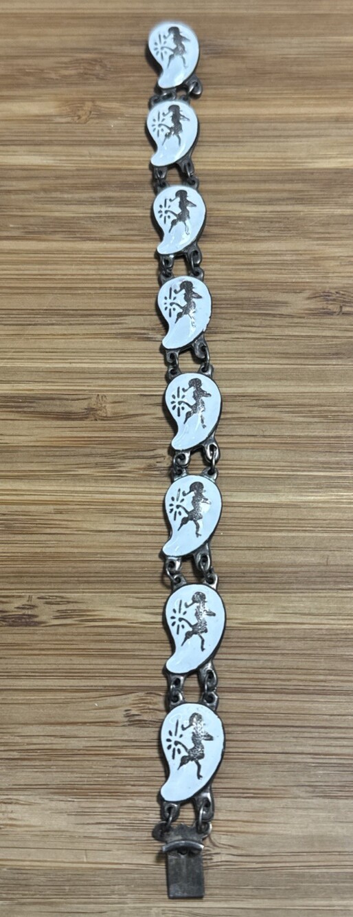 Vintage SIAM Sterling 925 White Enamel Thai Dancer Panel Bracelet 8â